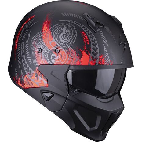 Scorpion / スコーピオン Exo モジュラーヘルメット Covert X Tattoo ブラックマット レッド | 86-394-24, sco_86-394-24_XL - Scorpion / スコーピオンヘルメット